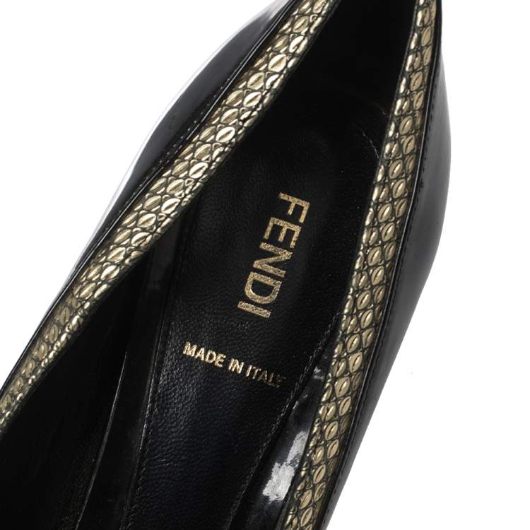 Pre Owned Fendi Black Patent and Textured Leather Peep Toe Platform Pumps Size 41