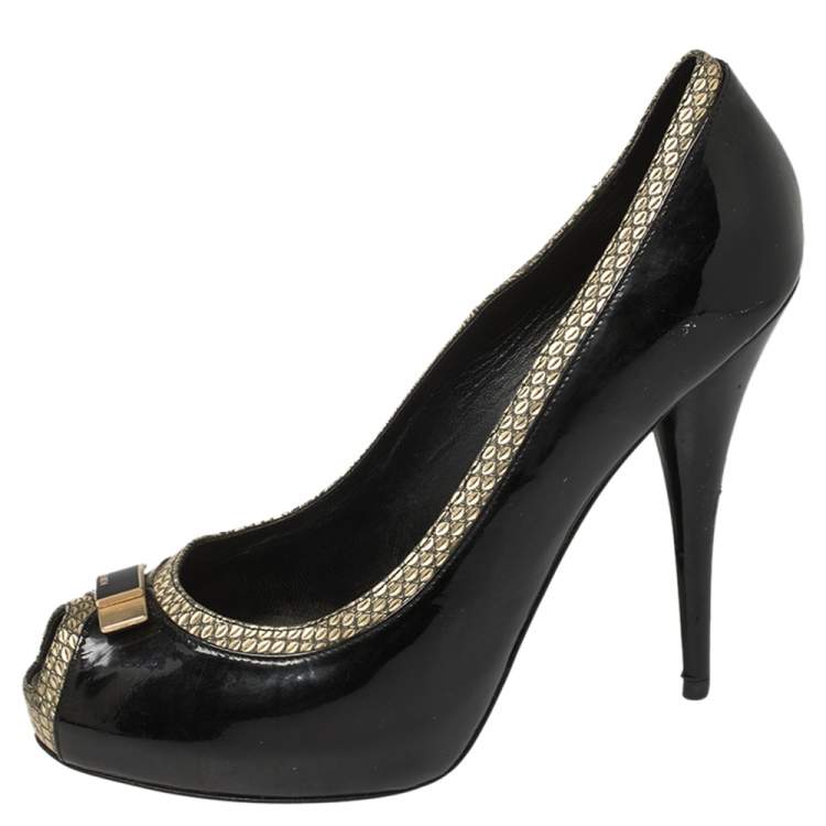 Pre Owned Fendi Black Patent and Textured Leather Peep Toe Platform Pumps Size 41