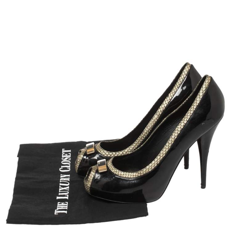 Pre Owned Fendi Black Patent and Textured Leather Peep Toe Platform Pumps Size 41