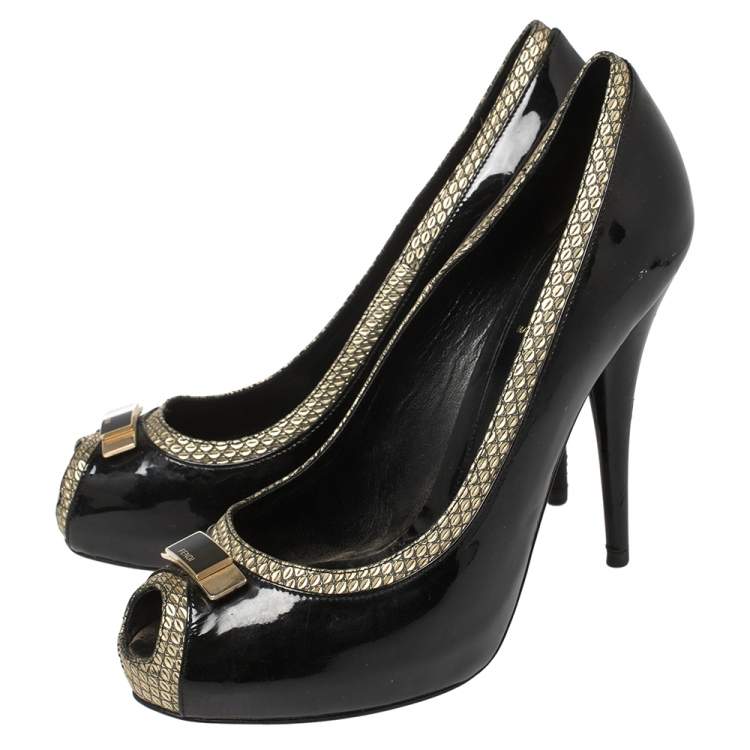Pre Owned Fendi Black Patent and Textured Leather Peep Toe Platform Pumps Size 41