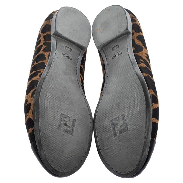 Pre Owned Fendi Brown/Black Patent Leather And Canvas Leopard Print Cap Toe Ballet Flats Size 41