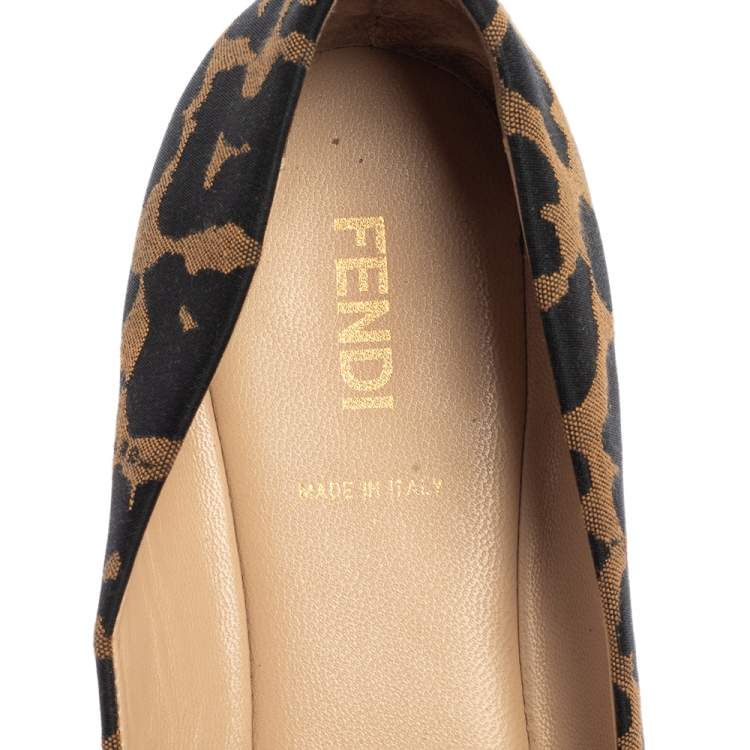 Pre Owned Fendi Brown/Black Patent Leather And Canvas Leopard Print Cap Toe Ballet Flats Size 41