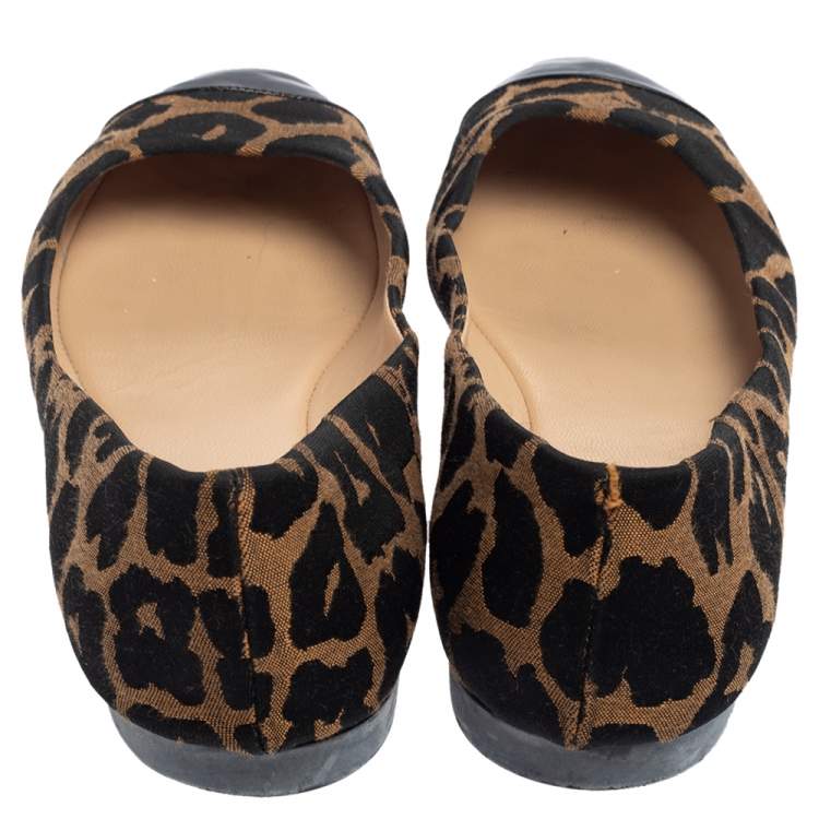 Pre Owned Fendi Brown/Black Patent Leather And Canvas Leopard Print Cap Toe Ballet Flats Size 41