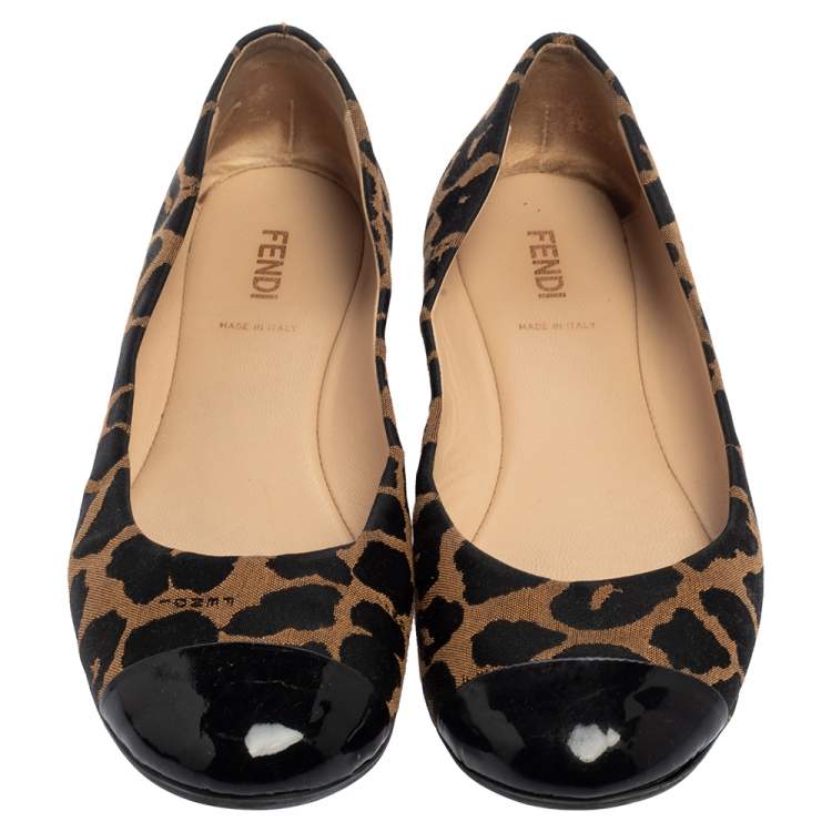 Pre Owned Fendi Brown/Black Patent Leather And Canvas Leopard Print Cap Toe Ballet Flats Size 41