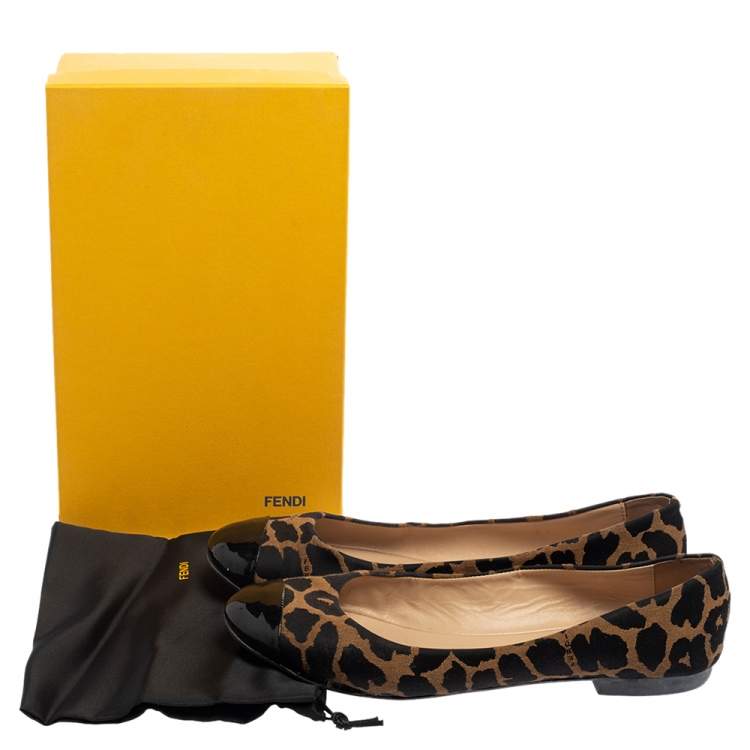 Pre Owned Fendi Brown/Black Patent Leather And Canvas Leopard Print Cap Toe Ballet Flats Size 41
