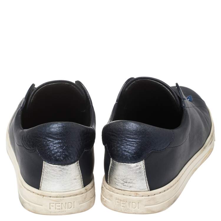Pre Owned Fendi Blue Leather And Logo Knit Rockoclick Slip On Sneakers Size 36