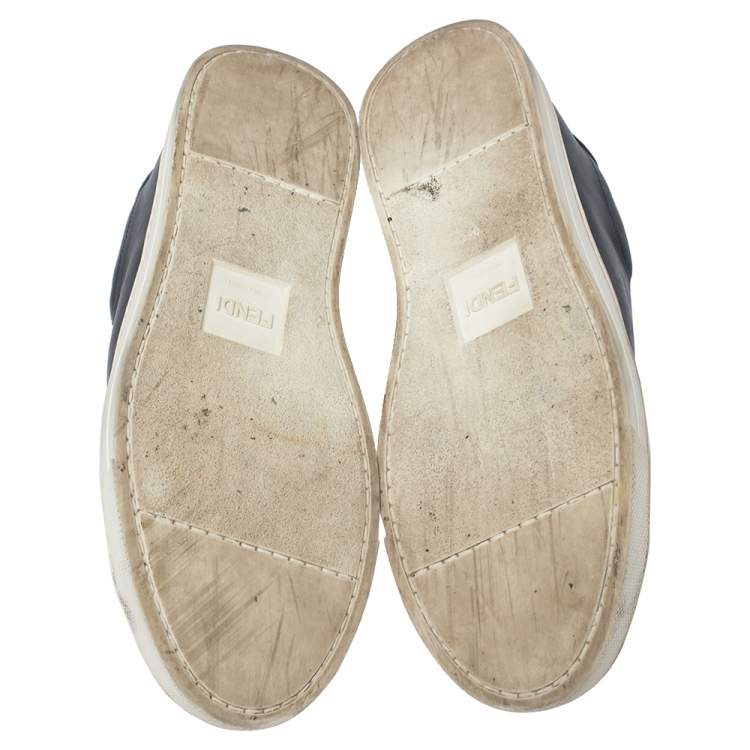 Pre Owned Fendi Blue Leather And Logo Knit Rockoclick Slip On Sneakers Size 36