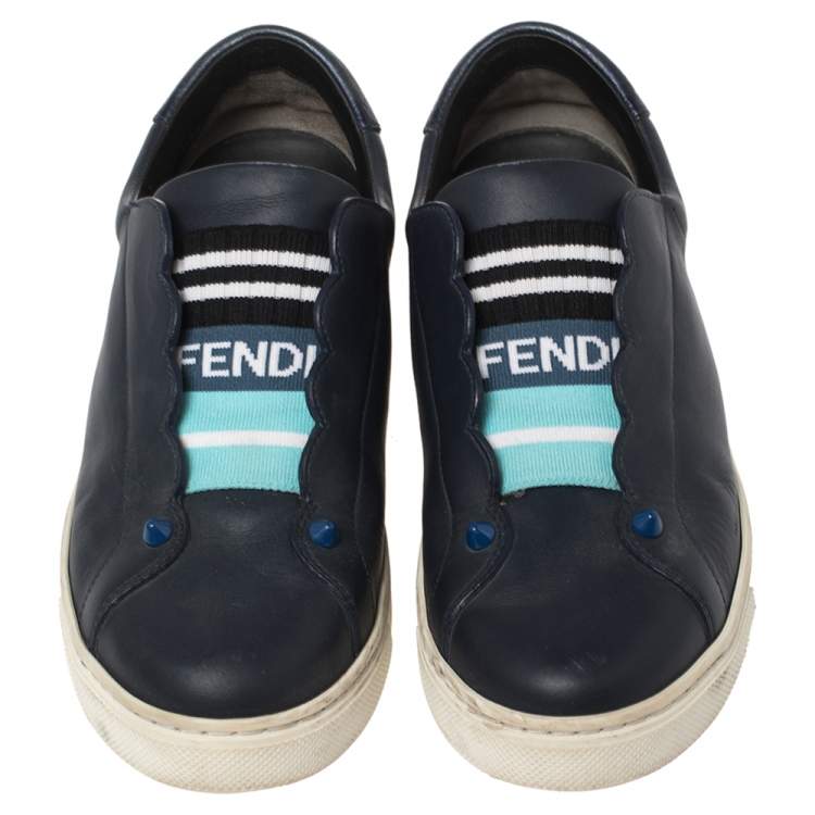Pre Owned Fendi Blue Leather And Logo Knit Rockoclick Slip On Sneakers Size 36