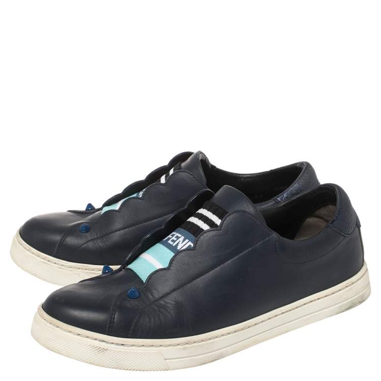 Pre Owned Fendi Blue Leather And Logo Knit Rockoclick Slip On Sneakers Size 36
