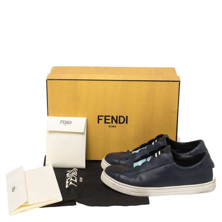 Pre Owned Fendi Blue Leather And Logo Knit Rockoclick Slip On Sneakers Size 36