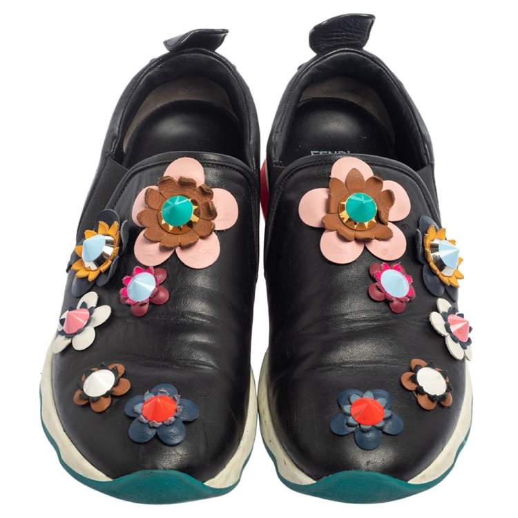 Pre Owned Fendi Black Leather Flowerland Low Top Sneakers Size 41