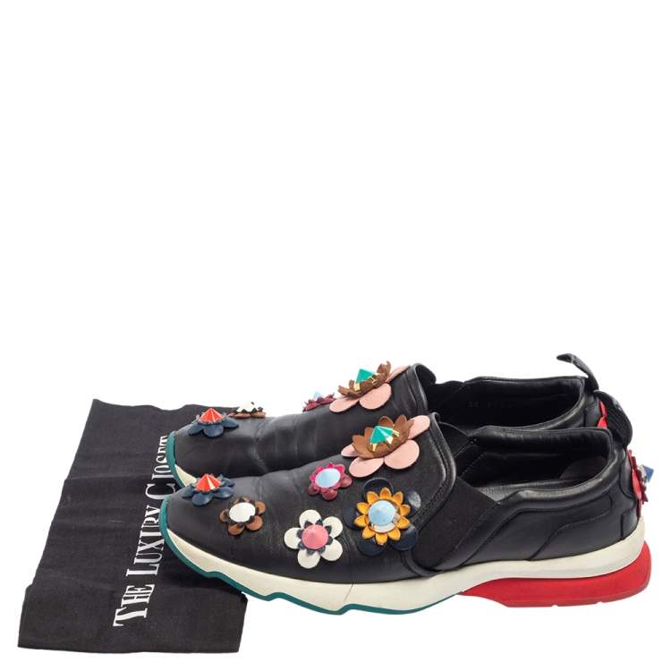 Pre Owned Fendi Black Leather Flowerland Low Top Sneakers Size 41