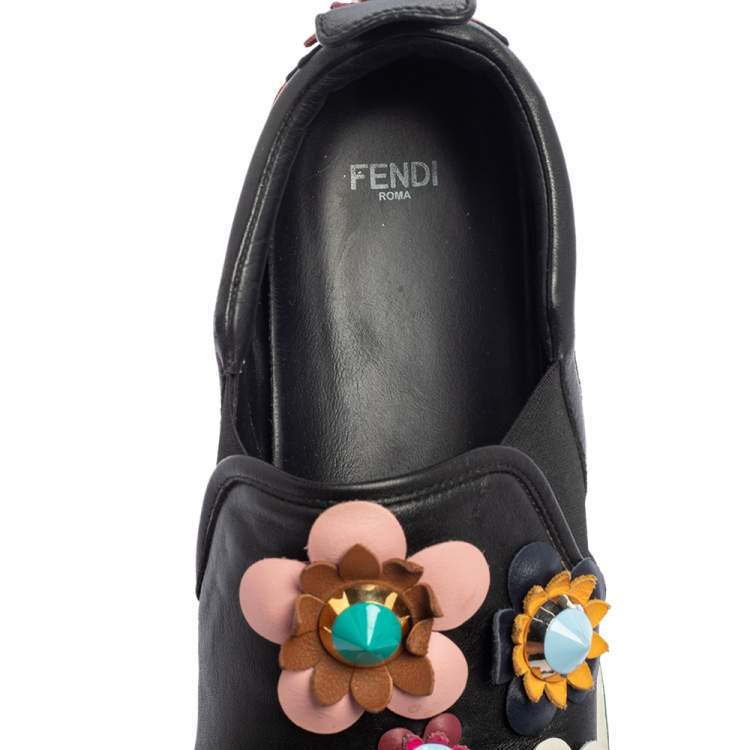 Pre Owned Fendi Black Leather Flowerland Low Top Sneakers Size 41