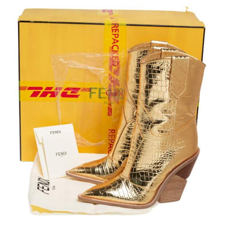 Pre Owned Fendi Gold Croc Embossed Leather Cowboy Boots Size 39