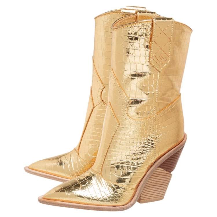 Pre Owned Fendi Gold Croc Embossed Leather Cowboy Boots Size 39