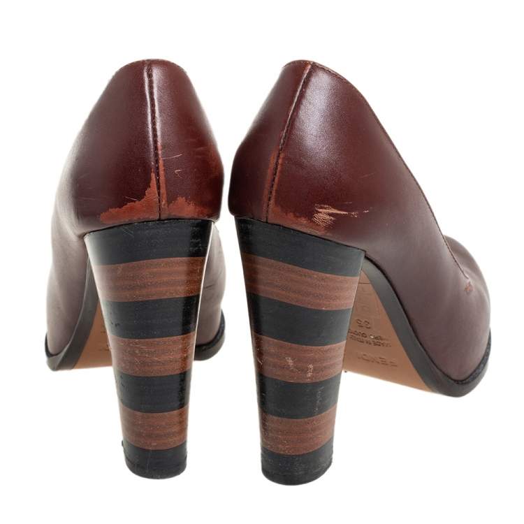 Pre Owned Fendi Burgundy Leather Pequin Block Heel Pumps Size 35