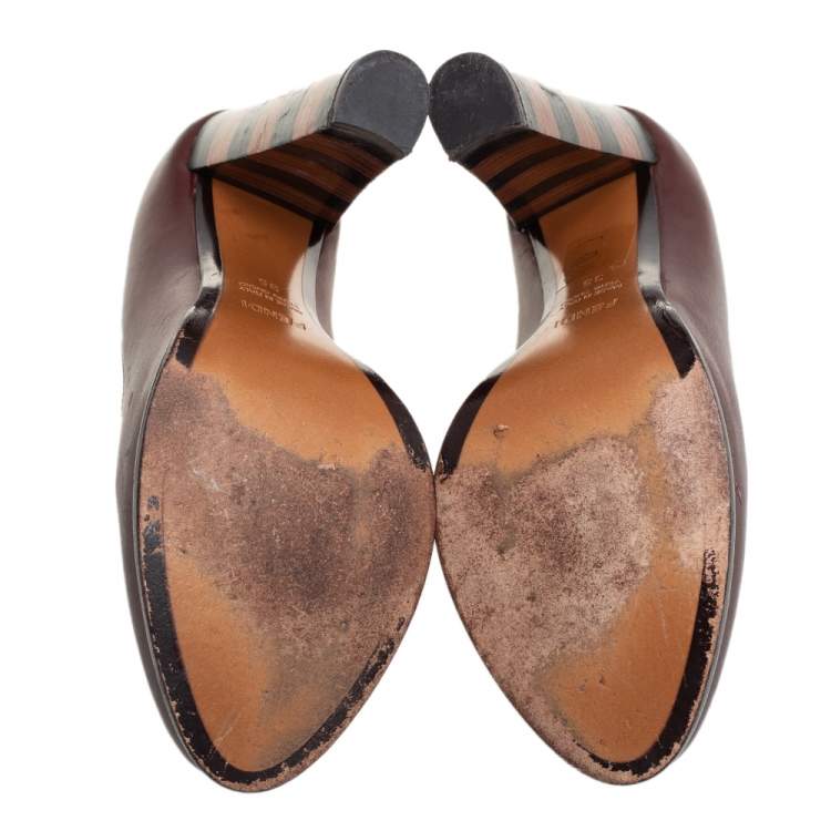 Pre Owned Fendi Burgundy Leather Pequin Block Heel Pumps Size 35