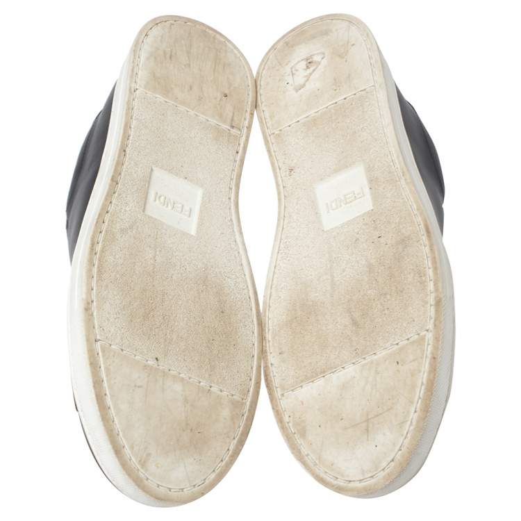 مملوكة مسبقًا Fendi Black And Blue Leather Logo Knit Rockoko Scallop Detail Slip On Sneakers Size 38.5