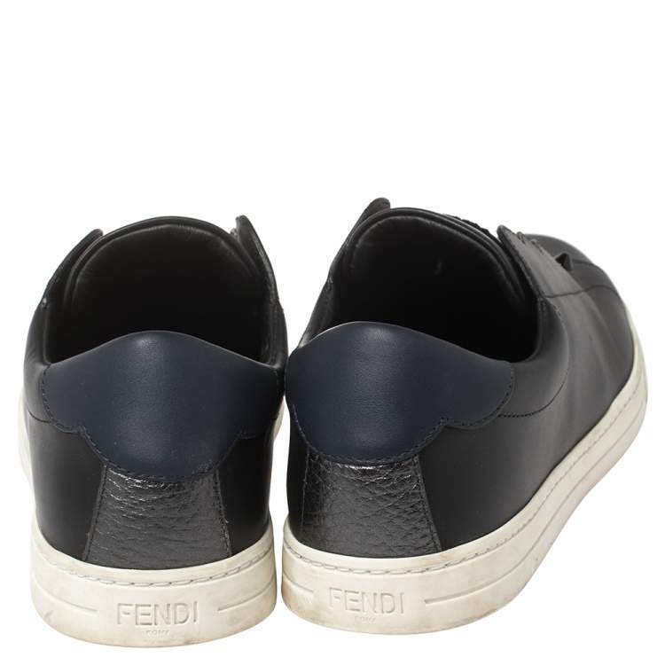 مملوكة مسبقًا Fendi Black And Blue Leather Logo Knit Rockoko Scallop Detail Slip On Sneakers Size 38.5