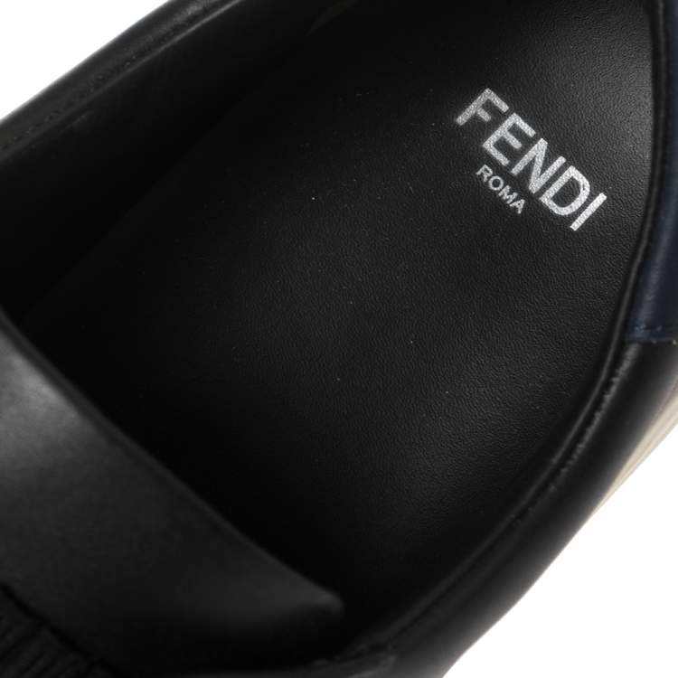 مملوكة مسبقًا Fendi Black And Blue Leather Logo Knit Rockoko Scallop Detail Slip On Sneakers Size 38.5