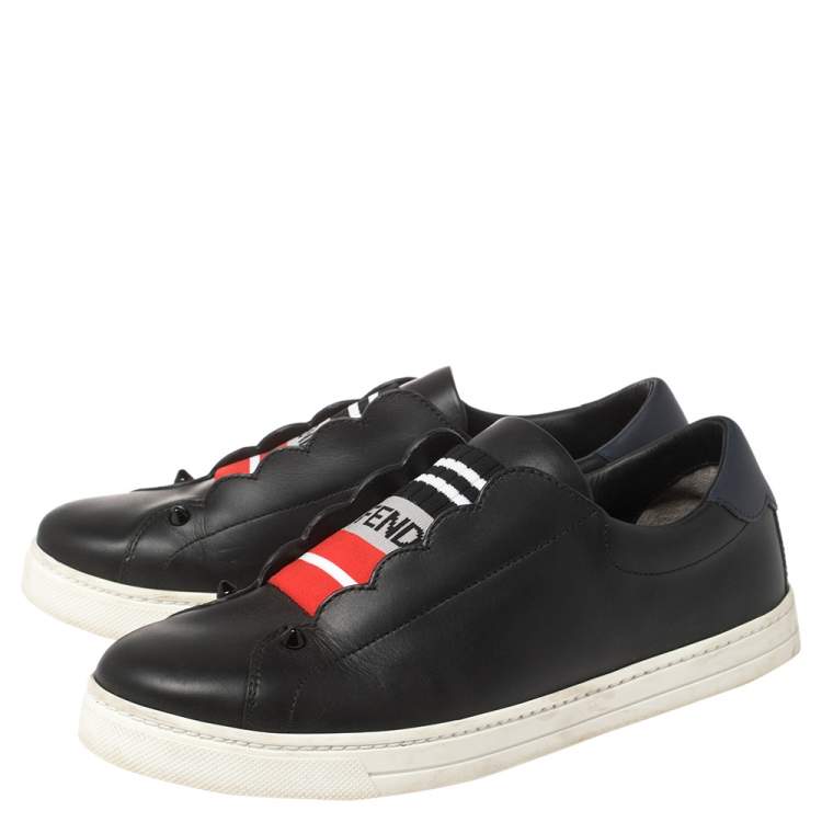 مملوكة مسبقًا Fendi Black And Blue Leather Logo Knit Rockoko Scallop Detail Slip On Sneakers Size 38.5