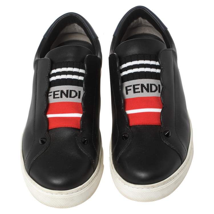 مملوكة مسبقًا Fendi Black And Blue Leather Logo Knit Rockoko Scallop Detail Slip On Sneakers Size 38.5
