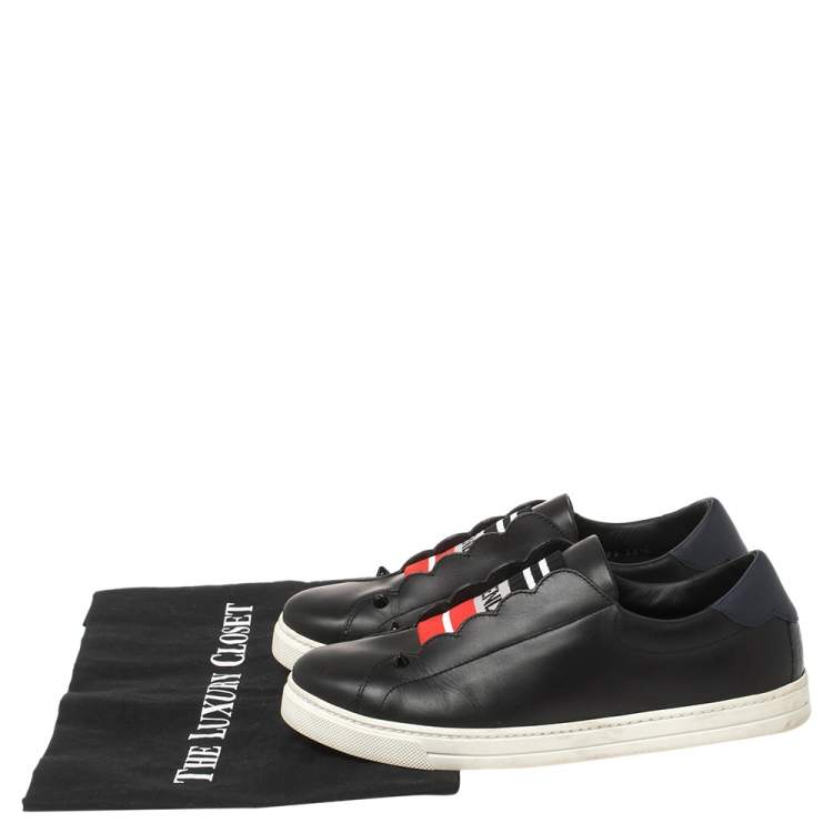 مملوكة مسبقًا Fendi Black And Blue Leather Logo Knit Rockoko Scallop Detail Slip On Sneakers Size 38.5