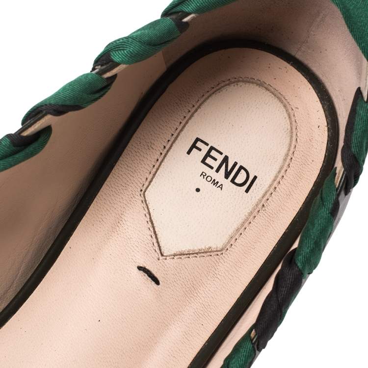 Pre Owned Fendi Green Leather And Woven Fabric Pointed Toe Flats Size 41