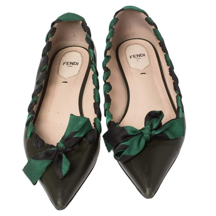 Pre Owned Fendi Green Leather And Woven Fabric Pointed Toe Flats Size 41