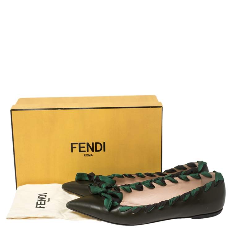 Pre Owned Fendi Green Leather And Woven Fabric Pointed Toe Flats Size 41