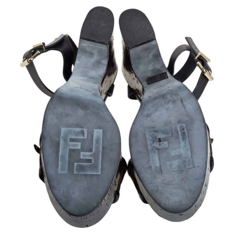 Pre Owned Fendi Black Zucca Canvas And Leather Platform Wedge Sandals Size 39