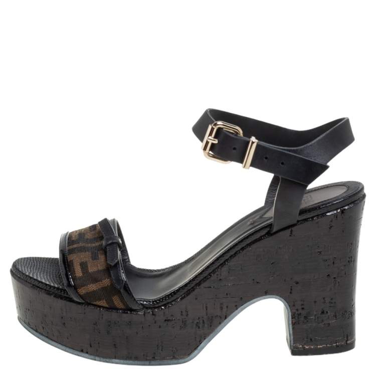 Pre Owned Fendi Black Zucca Canvas And Leather Platform Wedge Sandals Size 39