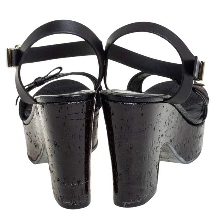 Pre Owned Fendi Black Zucca Canvas And Leather Platform Wedge Sandals Size 39