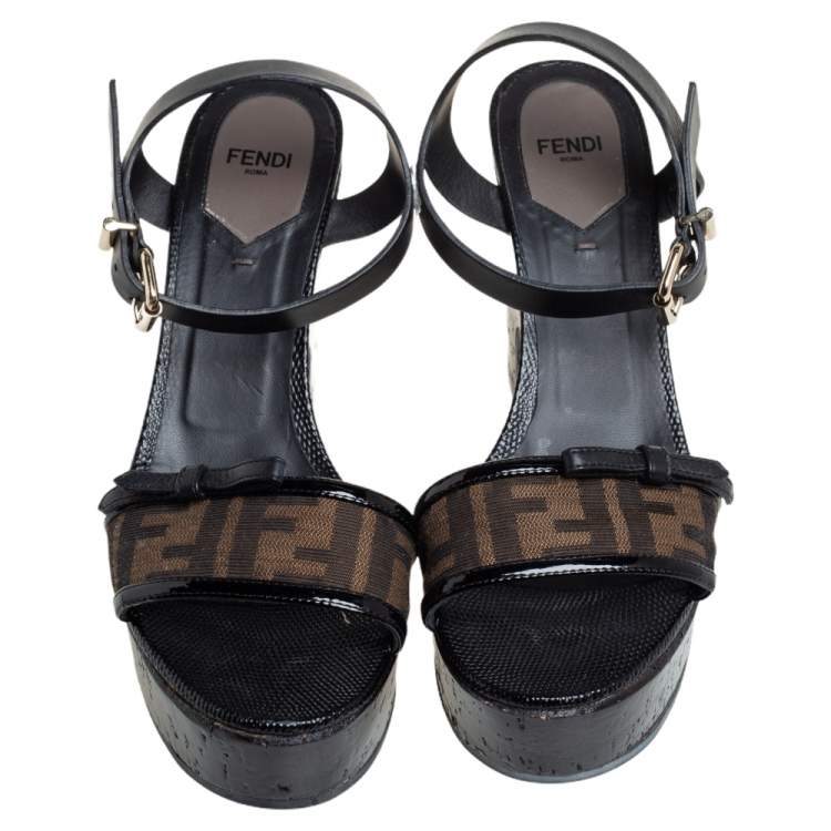 Pre Owned Fendi Black Zucca Canvas And Leather Platform Wedge Sandals Size 39