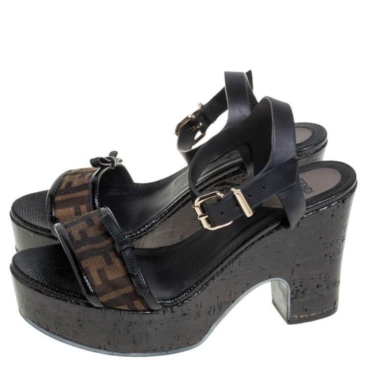 Pre Owned Fendi Black Zucca Canvas And Leather Platform Wedge Sandals Size 39