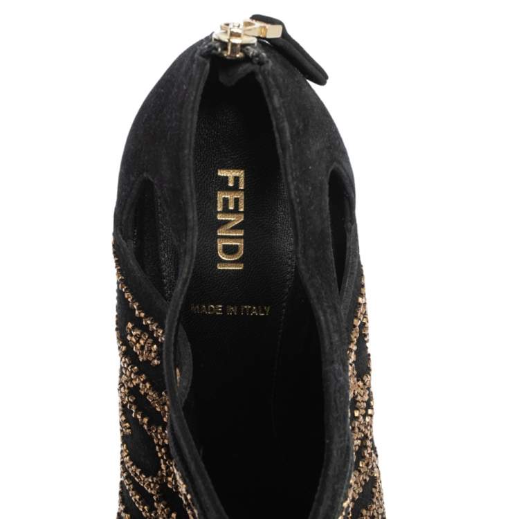 Pre Owned Fendi Black Suede Crystal Embellished Platform Ankle Booties Size 38.5
