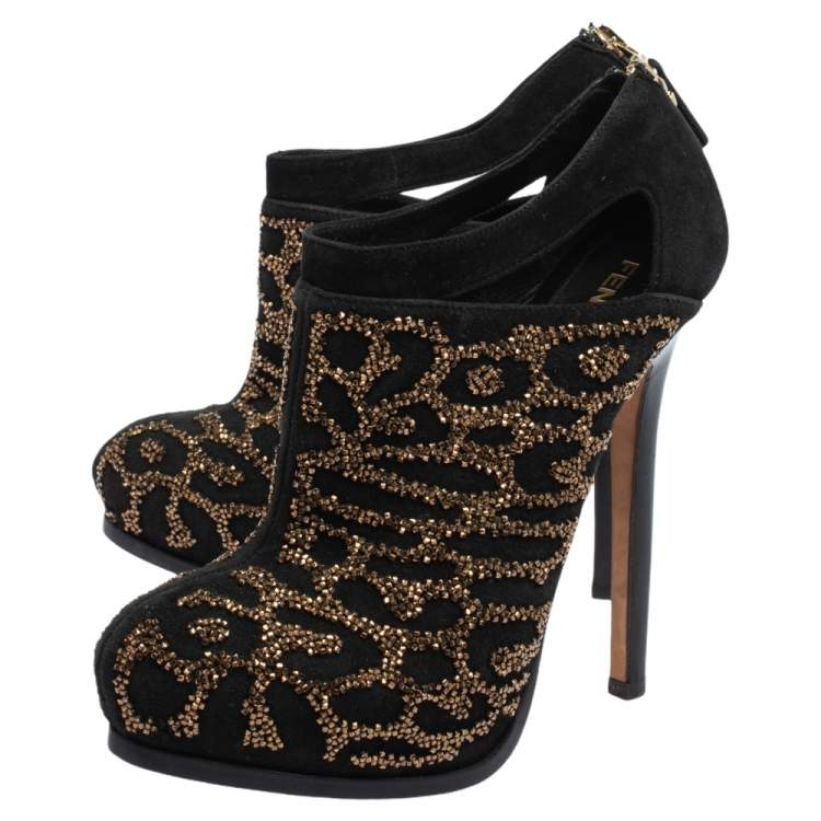 Pre Owned Fendi Black Suede Crystal Embellished Platform Ankle Booties Size 38.5