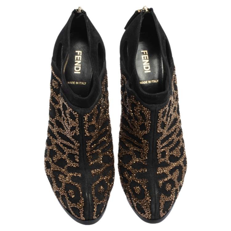 Pre Owned Fendi Black Suede Crystal Embellished Platform Ankle Booties Size 38.5