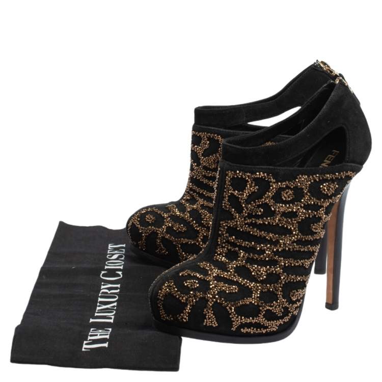 Pre Owned Fendi Black Suede Crystal Embellished Platform Ankle Booties Size 38.5