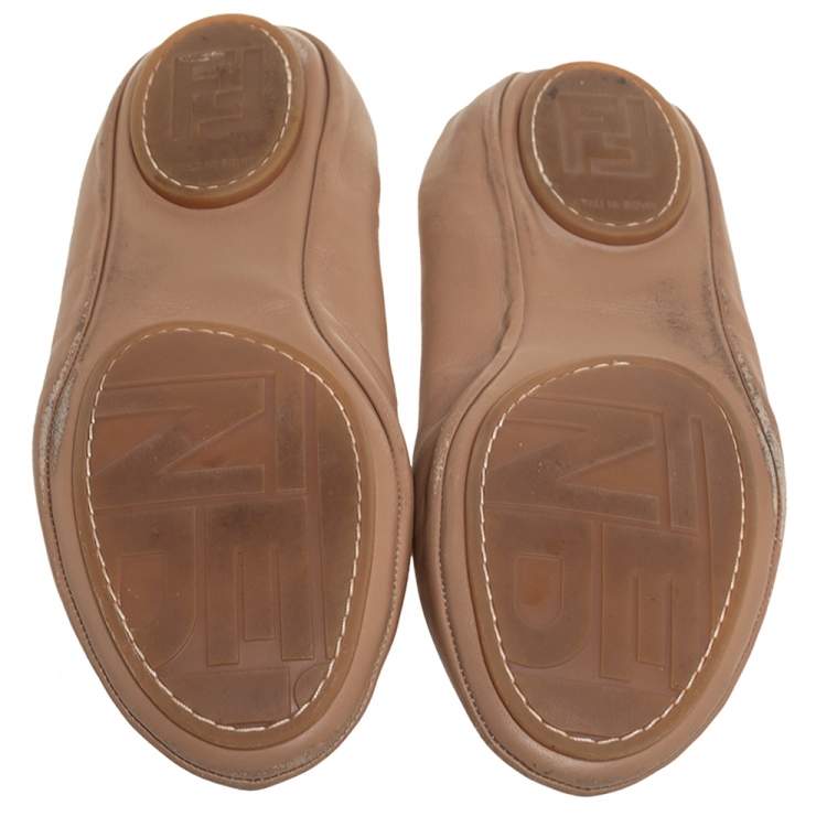 Pre Owned Fendi Beige Leather Let's Dance Bow Ballet Flats Size 38