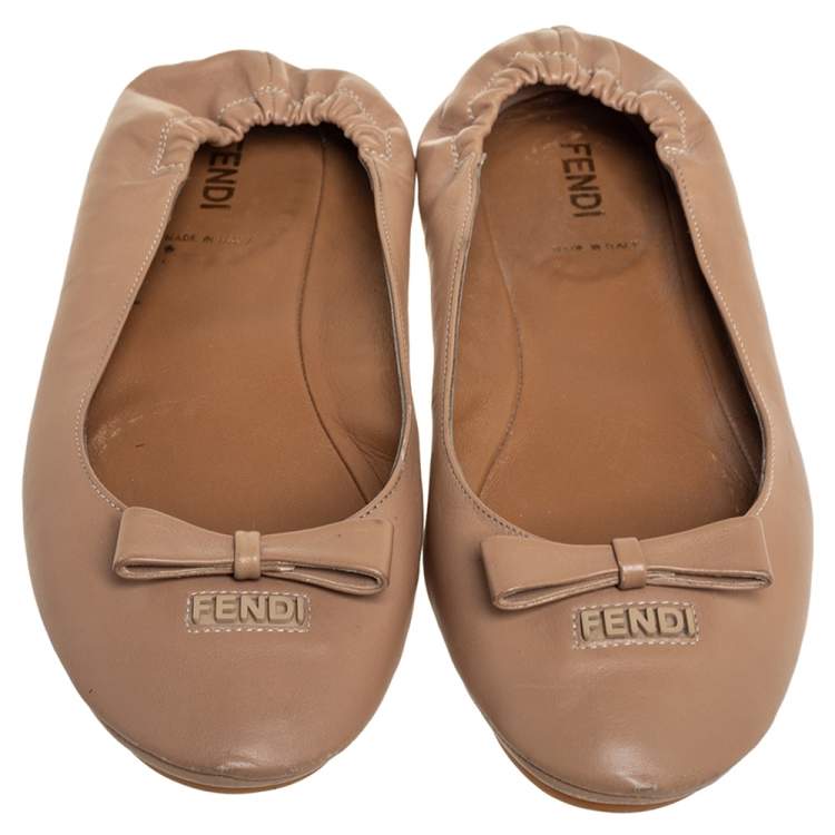 Pre Owned Fendi Beige Leather Let's Dance Bow Ballet Flats Size 38