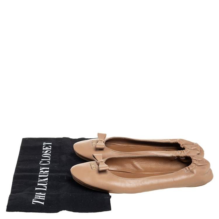 Pre Owned Fendi Beige Leather Let's Dance Bow Ballet Flats Size 38
