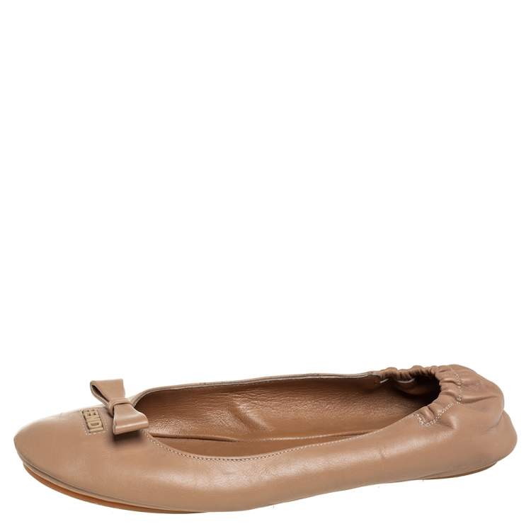 Pre Owned Fendi Beige Leather Let's Dance Bow Ballet Flats Size 38