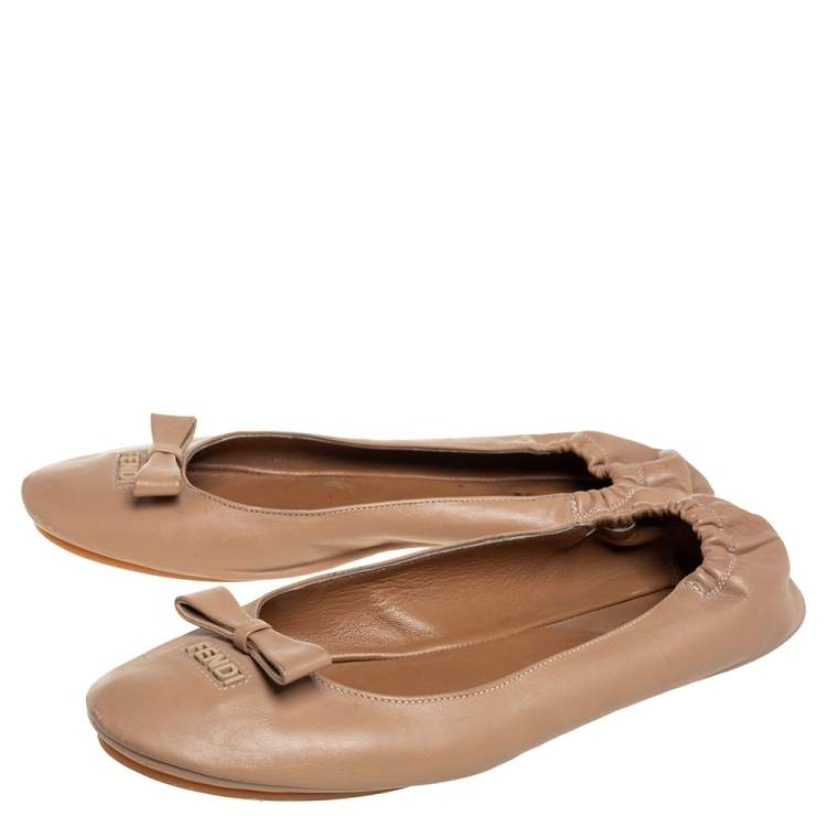 Pre Owned Fendi Beige Leather Let's Dance Bow Ballet Flats Size 38