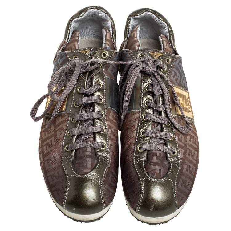 Pre Owned Fendi Tobacco Zucca Canvas And Leather Trim Low Top Sneakers Size 37.5