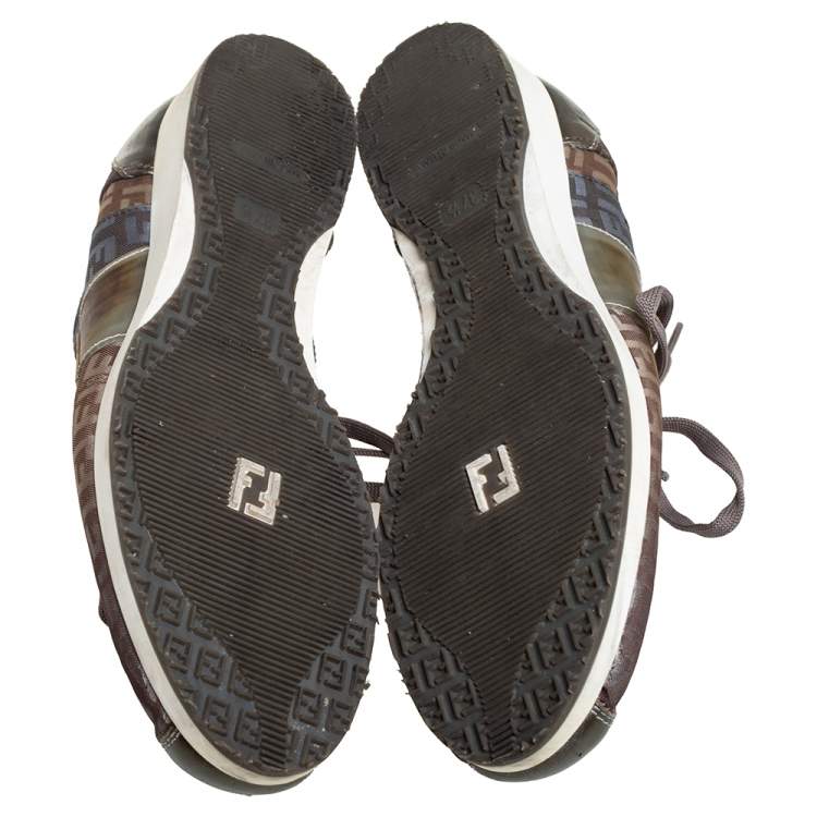 Pre Owned Fendi Tobacco Zucca Canvas And Leather Trim Low Top Sneakers Size 37.5