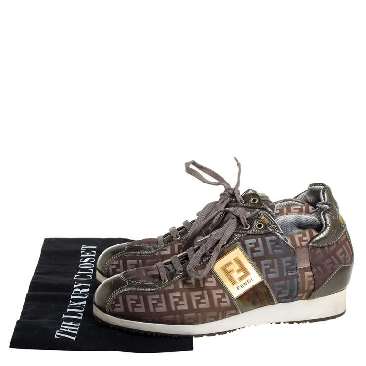 Pre Owned Fendi Tobacco Zucca Canvas And Leather Trim Low Top Sneakers Size 37.5