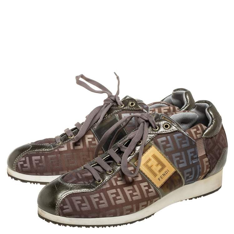 Pre Owned Fendi Tobacco Zucca Canvas And Leather Trim Low Top Sneakers Size 37.5