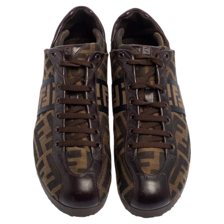 Pre Owned Fendi Brown/Beige Zucca Canvas And Leather Trim Low Top Sneakers Size 37