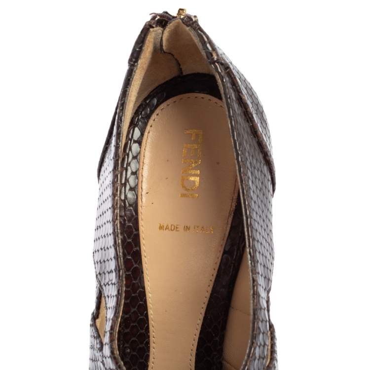 Pre Owned Fendi Brown Python Embossed Leather Platform Booties Size 39